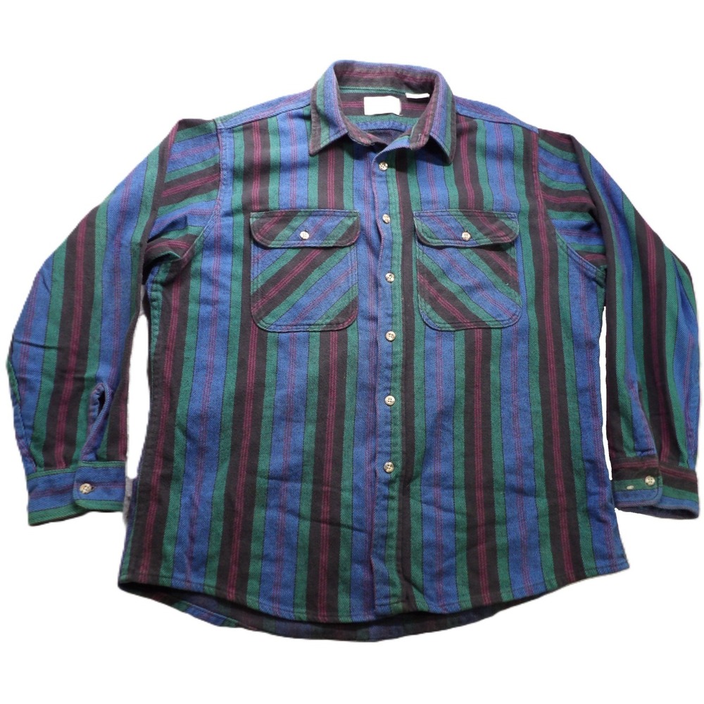 VTG Private Property Flannel Shirt Heavy Cotton Striped 90s Men XL Blue USA Made